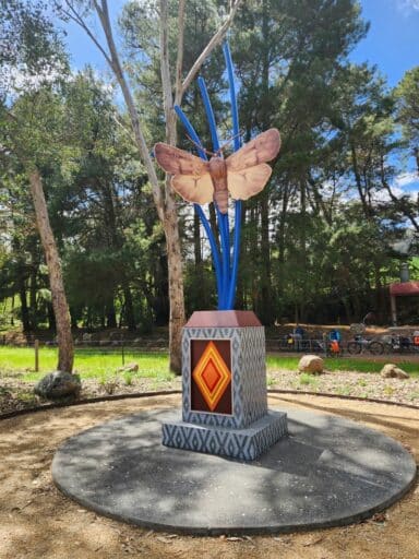 Bogong Moth Artwork at Eurobin Staion on the Murray to Mountain Rail Trail 