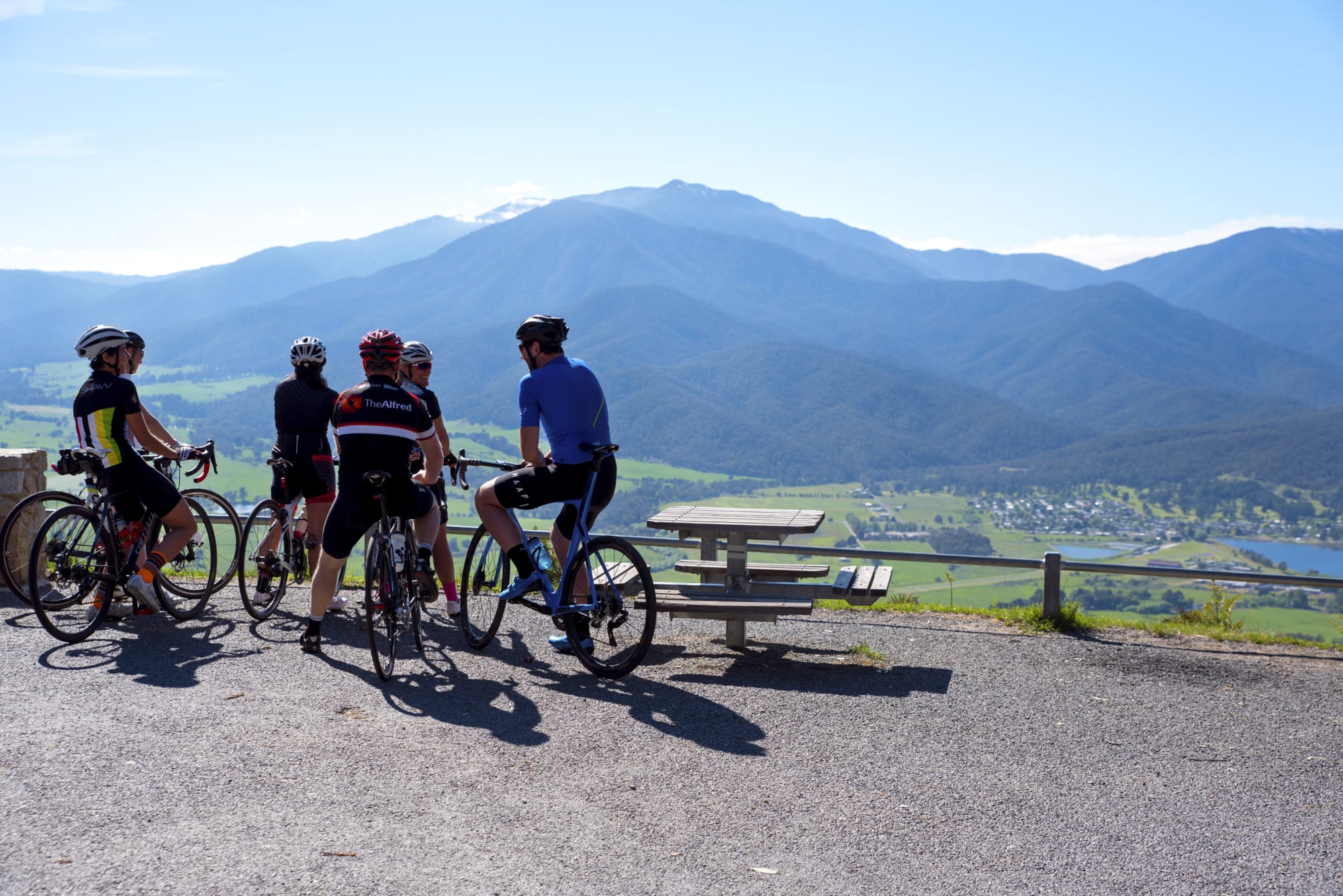 Relaxing at Tawonga Gap Lookout with views of Mt Bogong on the Gaps Loop Ride